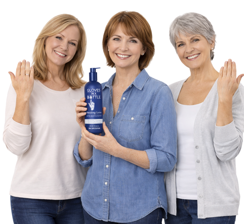 Three women showcasing Gloves In A Bottle