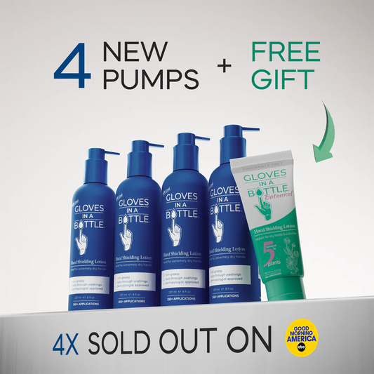 Gloves in a Bottle Shielding Lotion Bundle - 8 oz, 4-Pack with 4 New Pumps and Free Gift